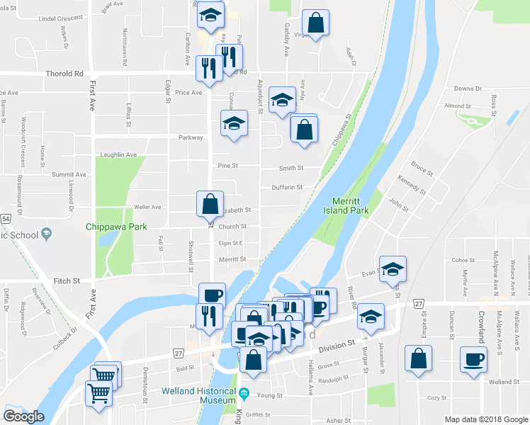 map of restaurants, bars, coffee shops, grocery stores, and more near 72 Aqueduct Street in Welland