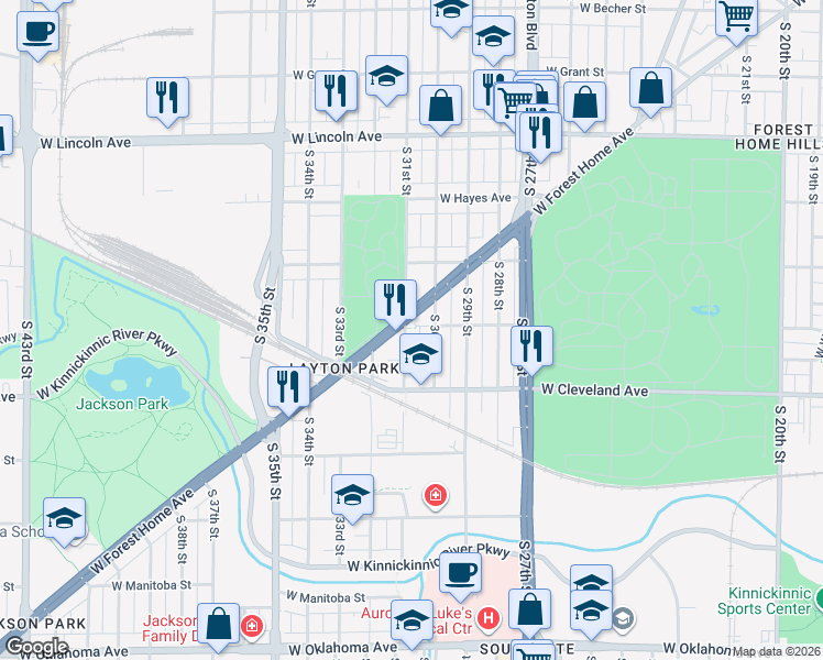 map of restaurants, bars, coffee shops, grocery stores, and more near 2600 South 31st Street in Milwaukee