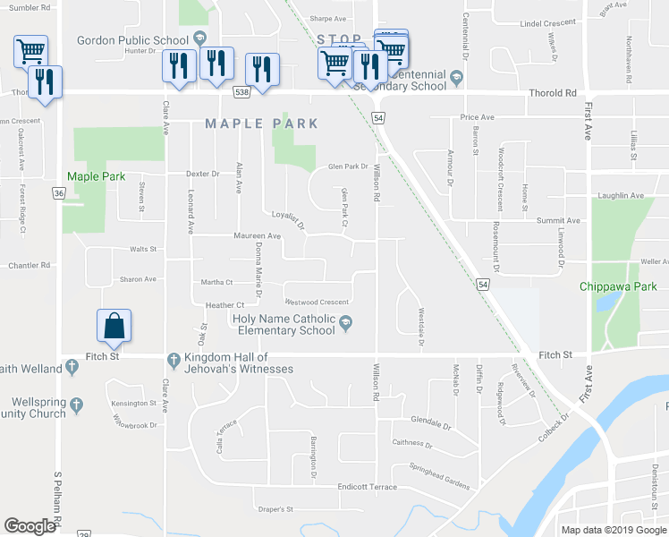 map of restaurants, bars, coffee shops, grocery stores, and more near 6 Maureen Avenue in Welland