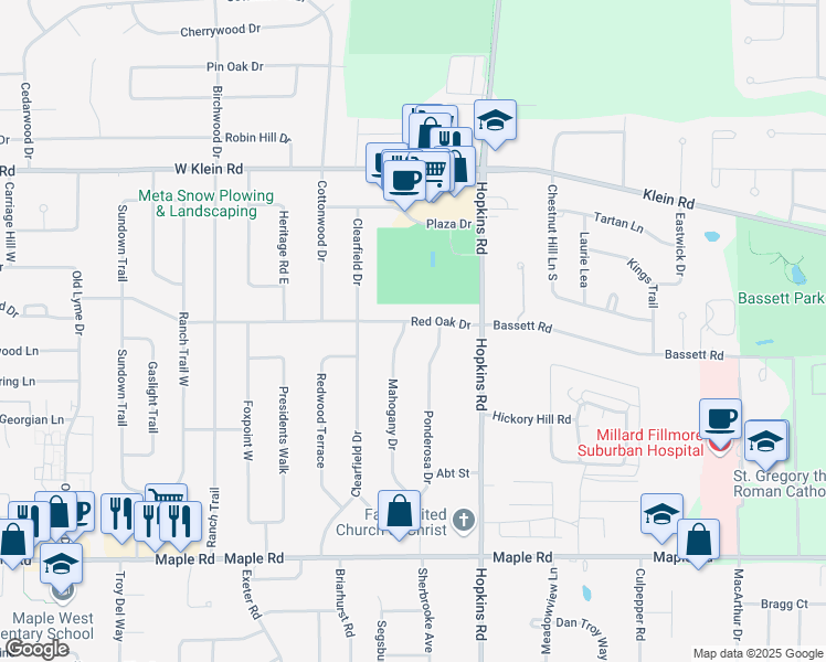 map of restaurants, bars, coffee shops, grocery stores, and more near 68 Red Oak Drive in Williamsville