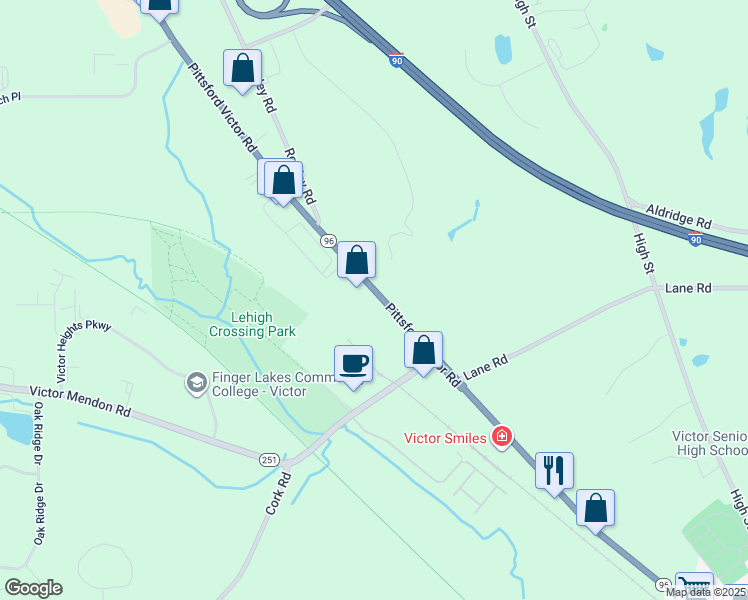 map of restaurants, bars, coffee shops, grocery stores, and more near 7343 Highway 96 in Victor