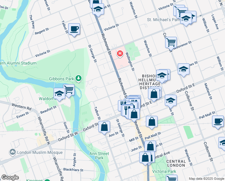 map of restaurants, bars, coffee shops, grocery stores, and more near 200 Saint James Street in London