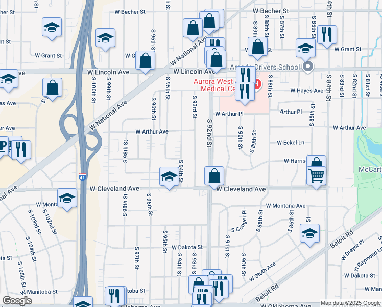 map of restaurants, bars, coffee shops, grocery stores, and more near 2565 South 93rd Street in West Allis