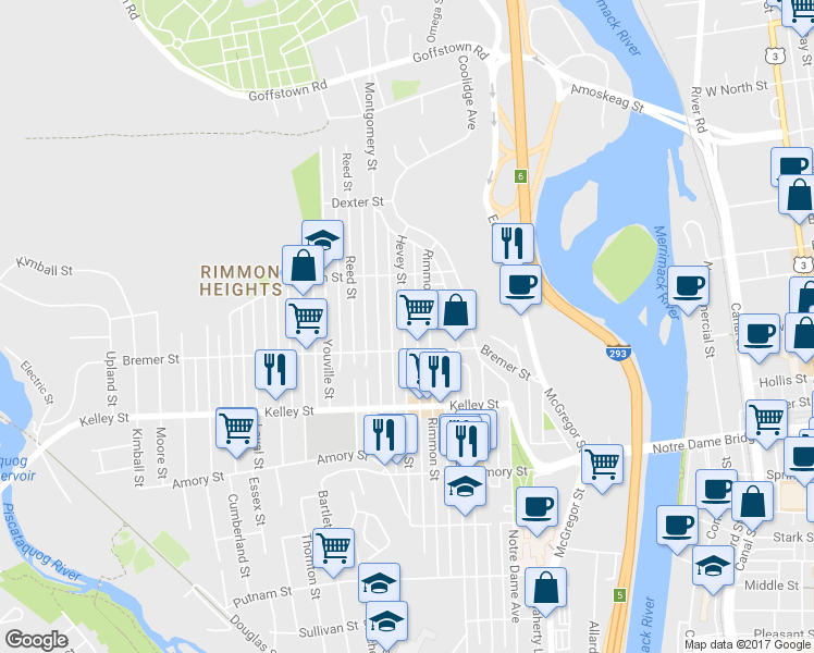map of restaurants, bars, coffee shops, grocery stores, and more near 661 Hevey Street in Manchester