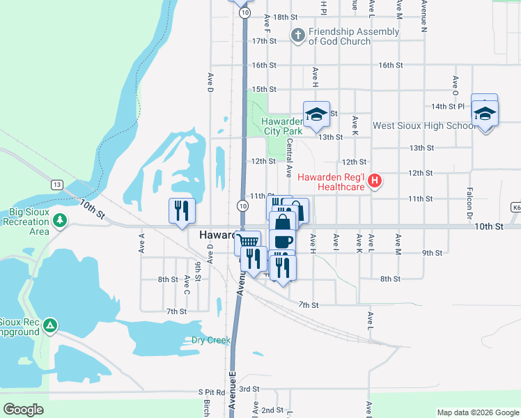 map of restaurants, bars, coffee shops, grocery stores, and more near 1017 Avenue F in Hawarden