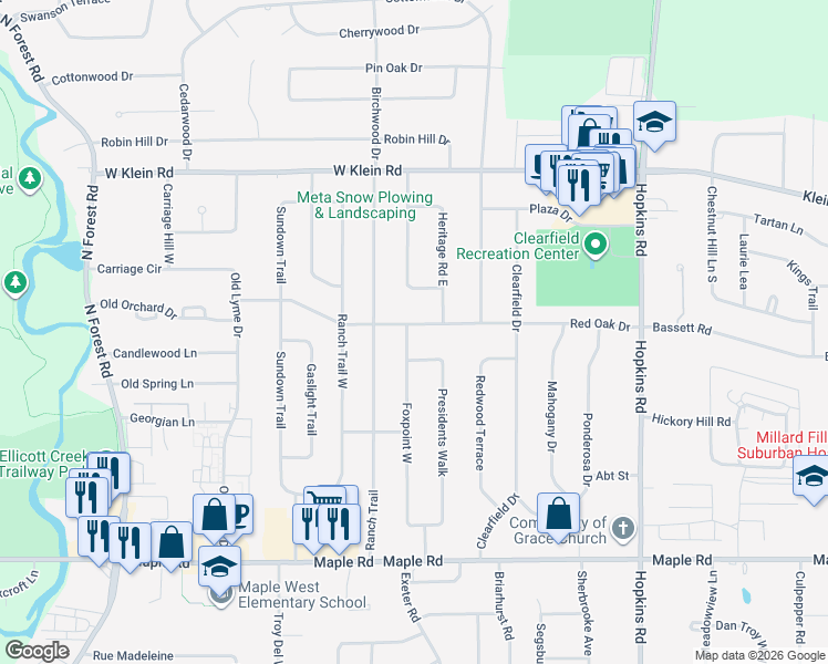 map of restaurants, bars, coffee shops, grocery stores, and more near 205 Foxpoint West in Buffalo