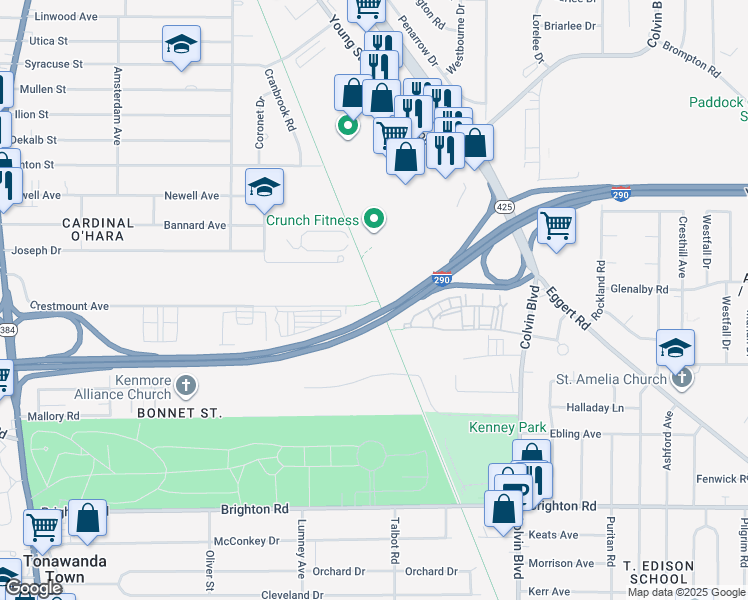map of restaurants, bars, coffee shops, grocery stores, and more near 406 Crestmount Avenue in Tonawanda