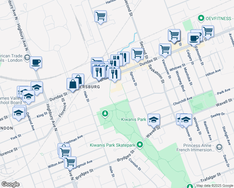 map of restaurants, bars, coffee shops, grocery stores, and more near 1558 Allen Place in London
