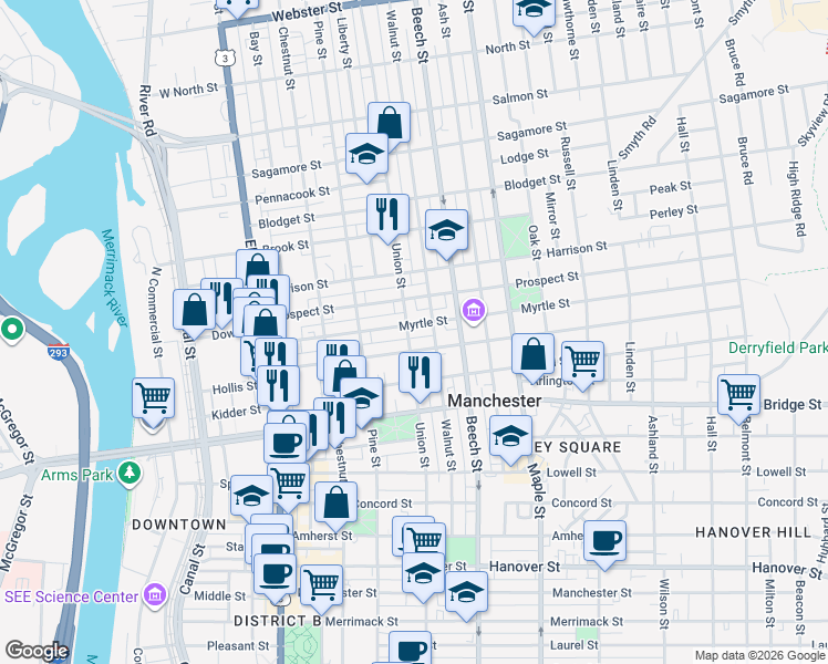 map of restaurants, bars, coffee shops, grocery stores, and more near 143 Myrtle Street in Manchester