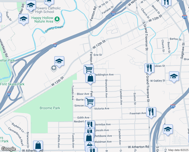 map of restaurants, bars, coffee shops, grocery stores, and more near 955 Paddington Avenue in Flint
