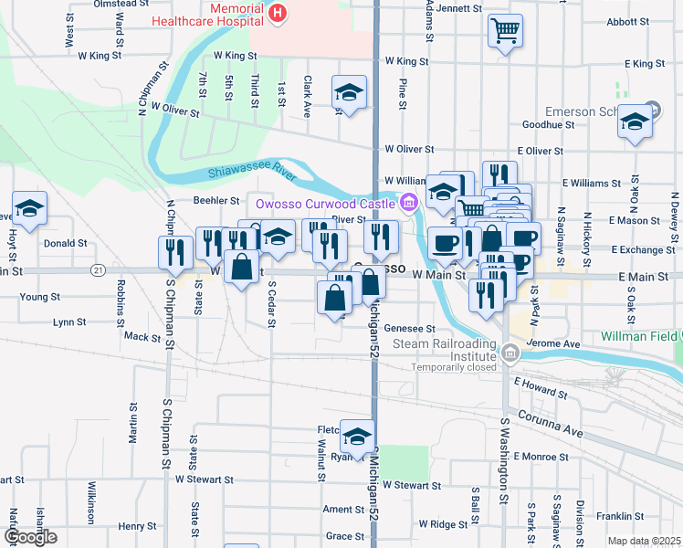 map of restaurants, bars, coffee shops, grocery stores, and more near 603 West Main Street in Owosso