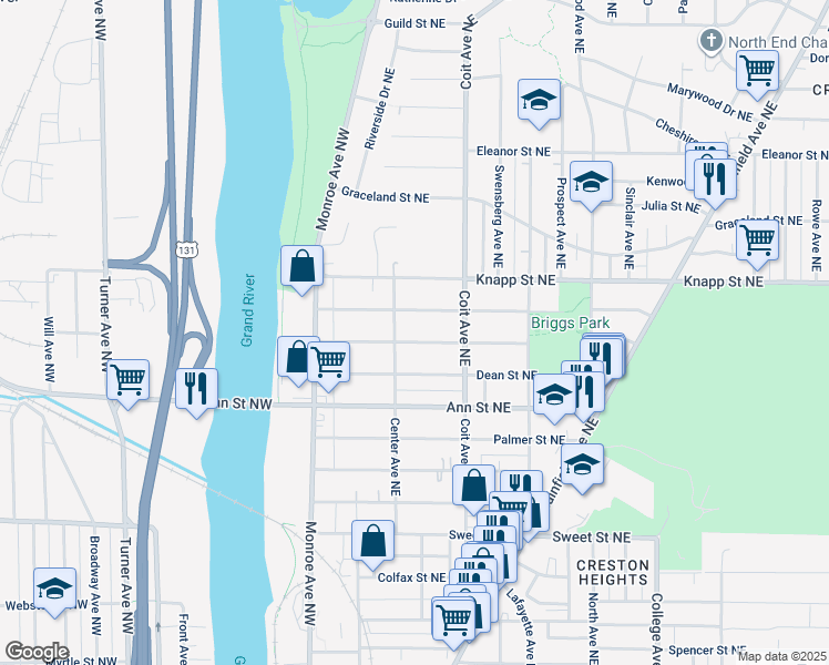 map of restaurants, bars, coffee shops, grocery stores, and more near 119 Burr Oak St NE in Grand Rapids