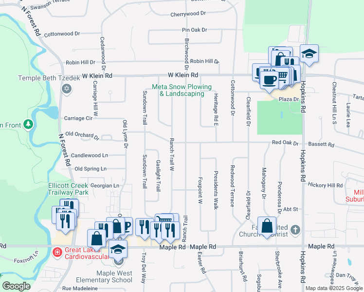 map of restaurants, bars, coffee shops, grocery stores, and more near 194 Ranch Trail in Buffalo