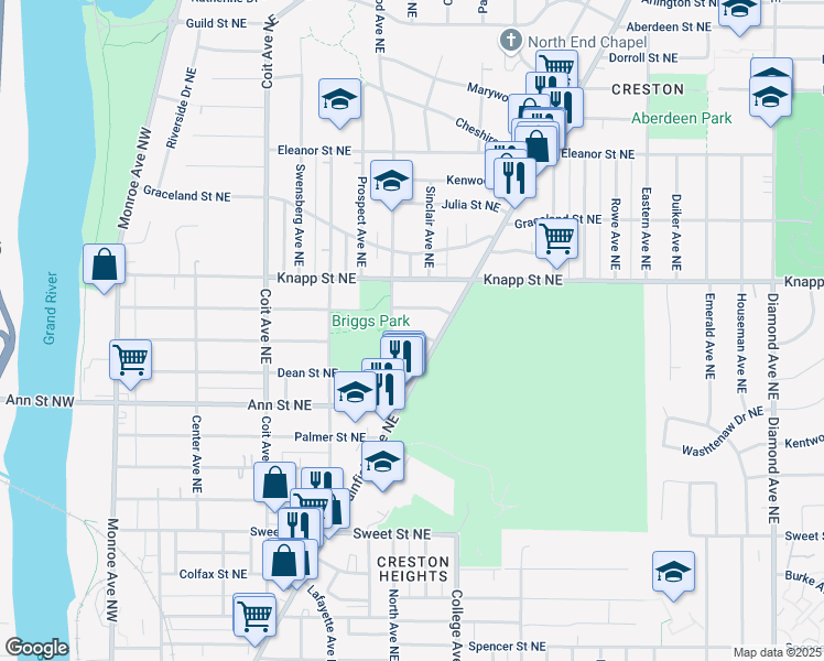 map of restaurants, bars, coffee shops, grocery stores, and more near 417 Hoover Street Northeast in Grand Rapids