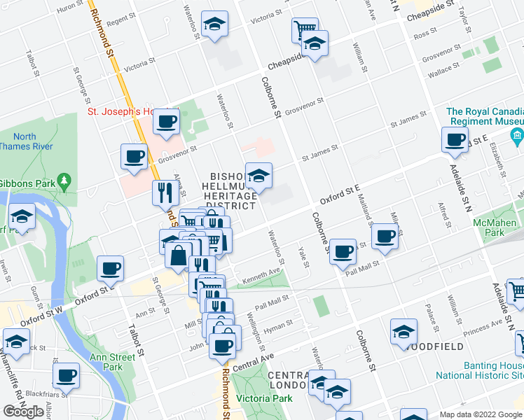 map of restaurants, bars, coffee shops, grocery stores, and more near 777 Waterloo Street in London