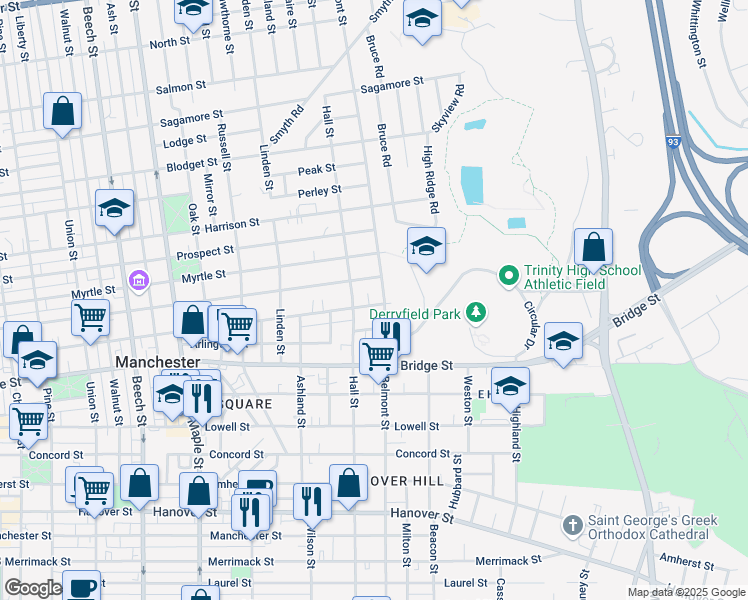 map of restaurants, bars, coffee shops, grocery stores, and more near 771 Belmont Street in Manchester