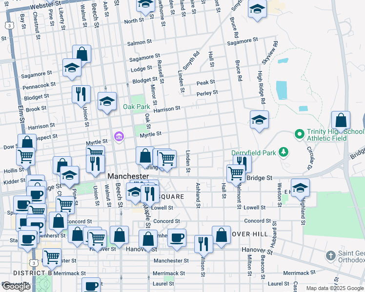 map of restaurants, bars, coffee shops, grocery stores, and more near 47 Linden Street in Manchester