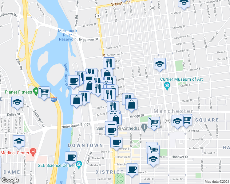 map of restaurants, bars, coffee shops, grocery stores, and more near 32 Myrtle Street in Manchester