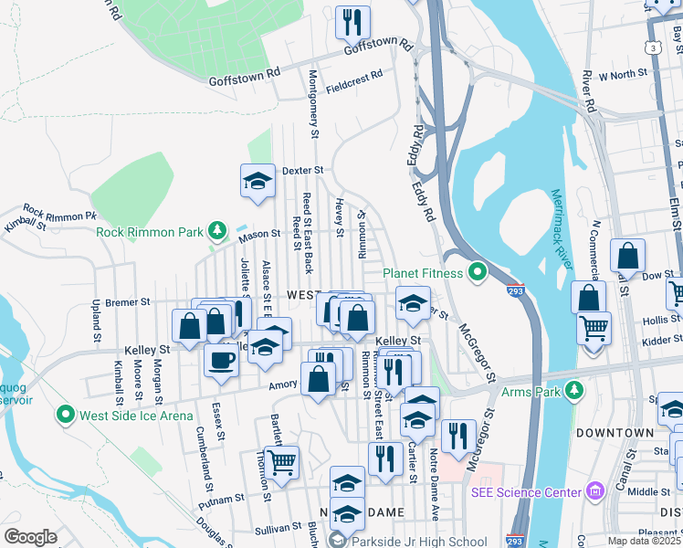 map of restaurants, bars, coffee shops, grocery stores, and more near 661 Hevey Street in Manchester
