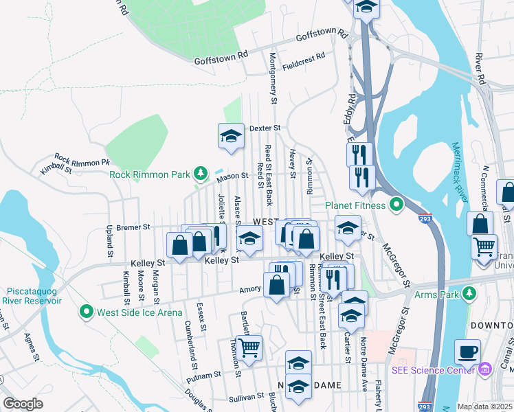 map of restaurants, bars, coffee shops, grocery stores, and more near 197 Youville Street in Manchester
