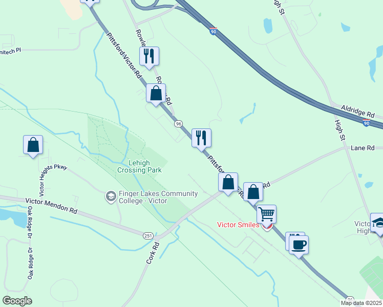 map of restaurants, bars, coffee shops, grocery stores, and more near 7343 Highway 96 in Victor