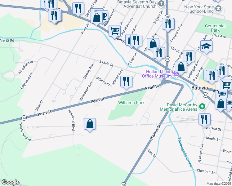 map of restaurants, bars, coffee shops, grocery stores, and more near 104 Pearl Street in Batavia