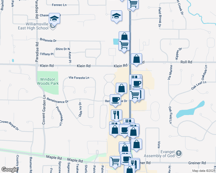 map of restaurants, bars, coffee shops, grocery stores, and more near 145 Arielle Court in Buffalo