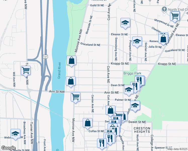 map of restaurants, bars, coffee shops, grocery stores, and more near 119 Burr Oak Street Northeast in Grand Rapids