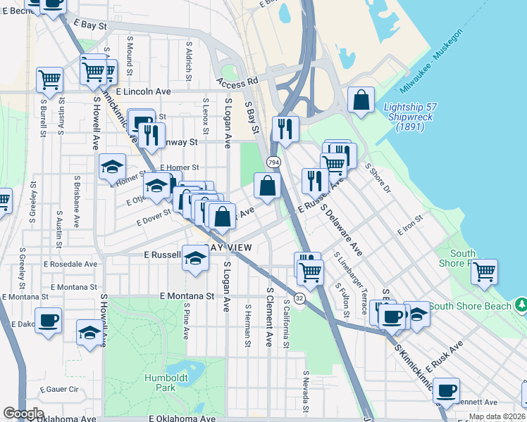 map of restaurants, bars, coffee shops, grocery stores, and more near 1125 East Potter Avenue in Milwaukee