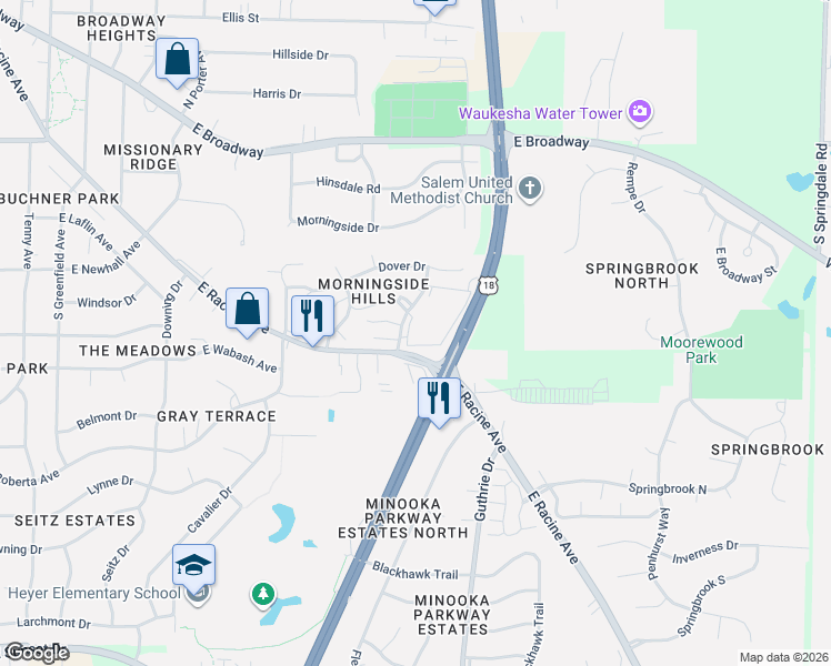 map of restaurants, bars, coffee shops, grocery stores, and more near 412 Sheffield Road in Waukesha