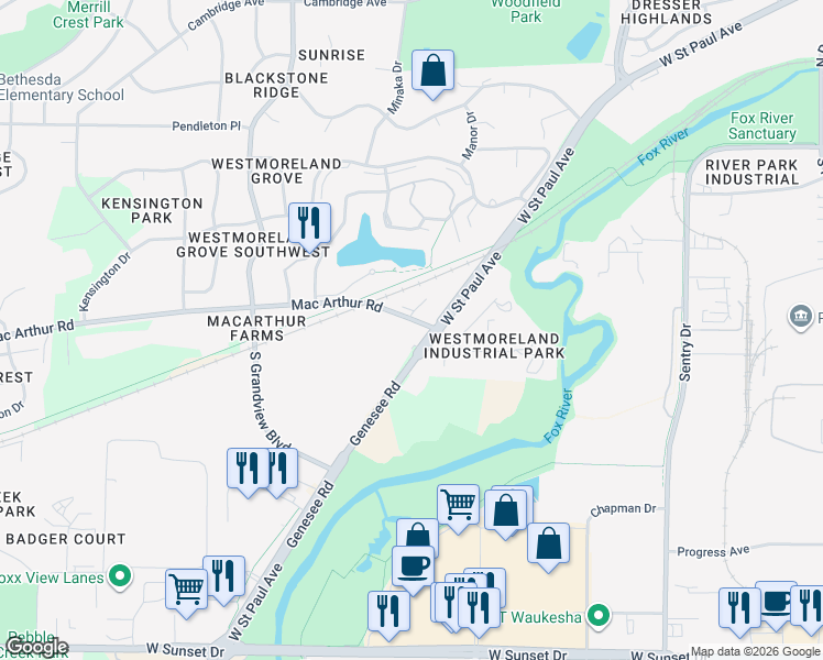 map of restaurants, bars, coffee shops, grocery stores, and more near 2005 Mac Arthur Road in Waukesha