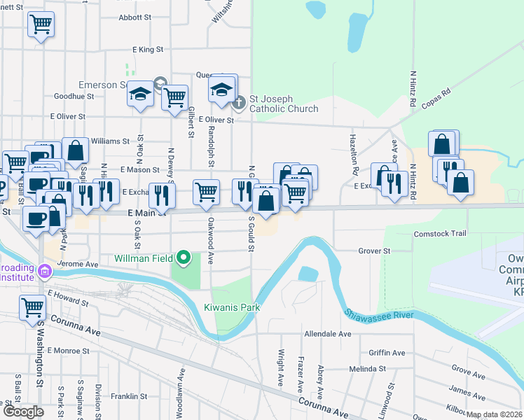 map of restaurants, bars, coffee shops, grocery stores, and more near 209 South Gould Street in Owosso