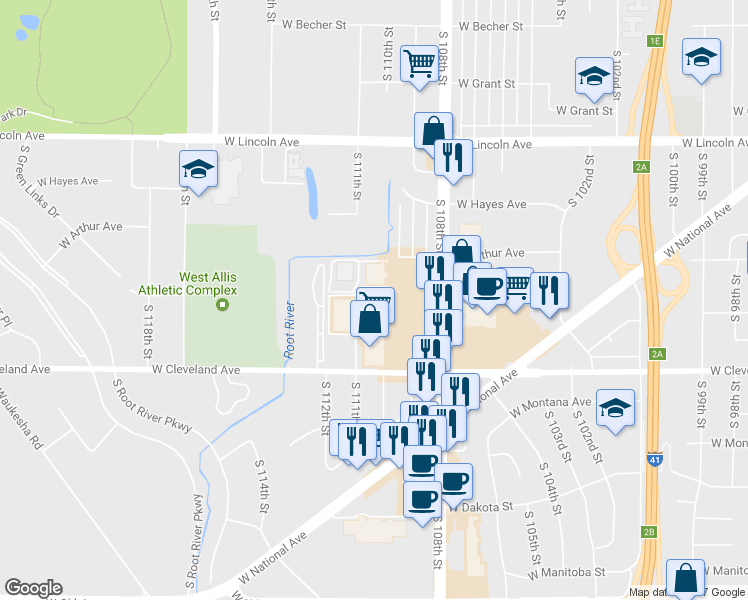 map of restaurants, bars, coffee shops, grocery stores, and more near 2601 South 108th Street in West Allis
