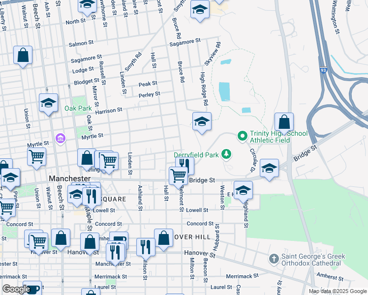 map of restaurants, bars, coffee shops, grocery stores, and more near 771 Belmont Street in Manchester