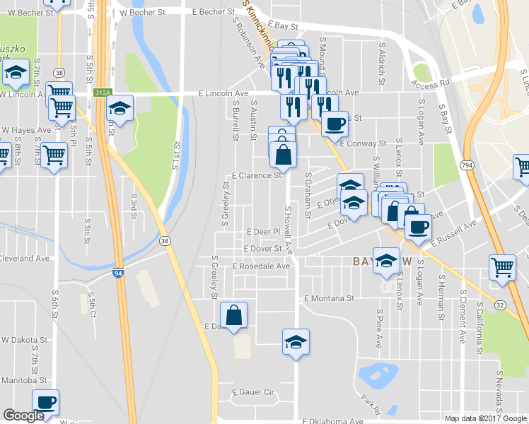 map of restaurants, bars, coffee shops, grocery stores, and more near 2567 South Brisbane Avenue in Milwaukee