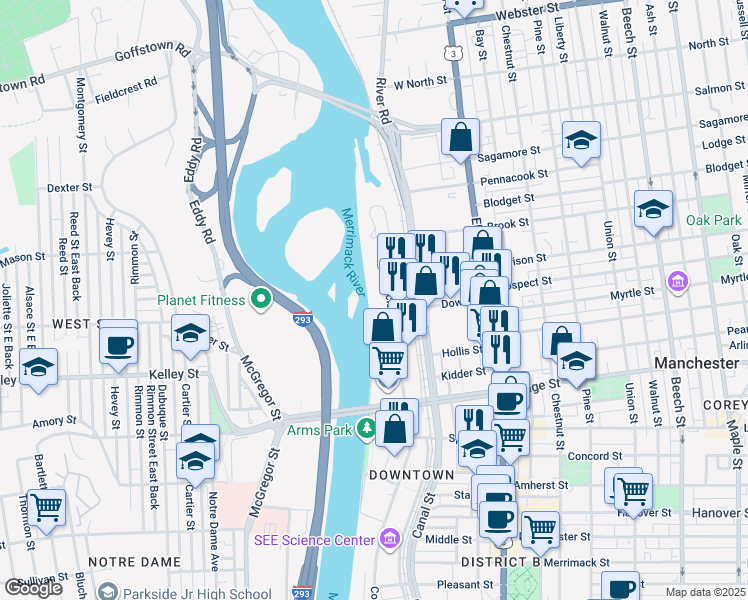 map of restaurants, bars, coffee shops, grocery stores, and more near 670 North Commercial Street in Manchester