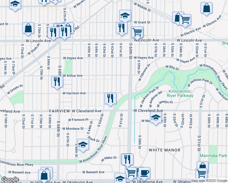 map of restaurants, bars, coffee shops, grocery stores, and more near 2576 South 62nd Street in Milwaukee
