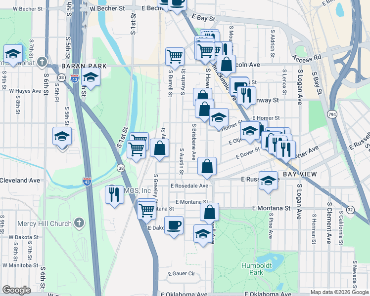 map of restaurants, bars, coffee shops, grocery stores, and more near 2566 South Austin Street in Milwaukee
