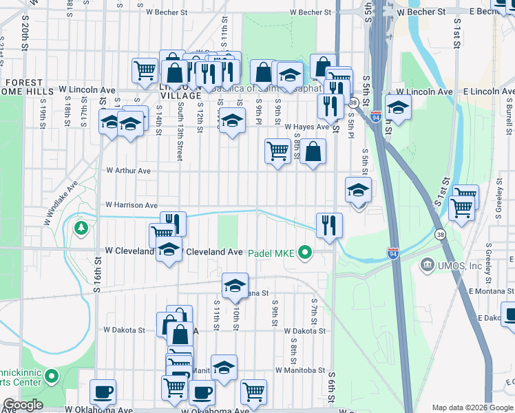 map of restaurants, bars, coffee shops, grocery stores, and more near S 9th Pl & W Harrison Ave in Milwaukee