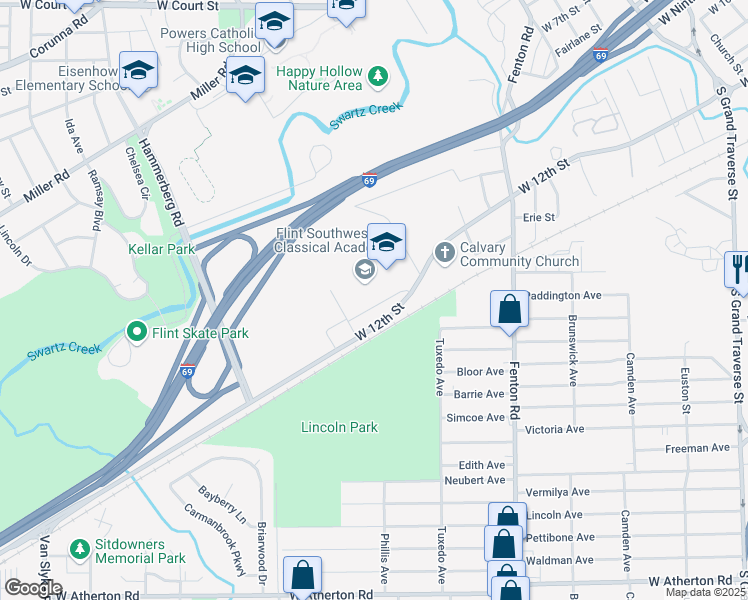 map of restaurants, bars, coffee shops, grocery stores, and more near 1420 West 12th Street in Flint
