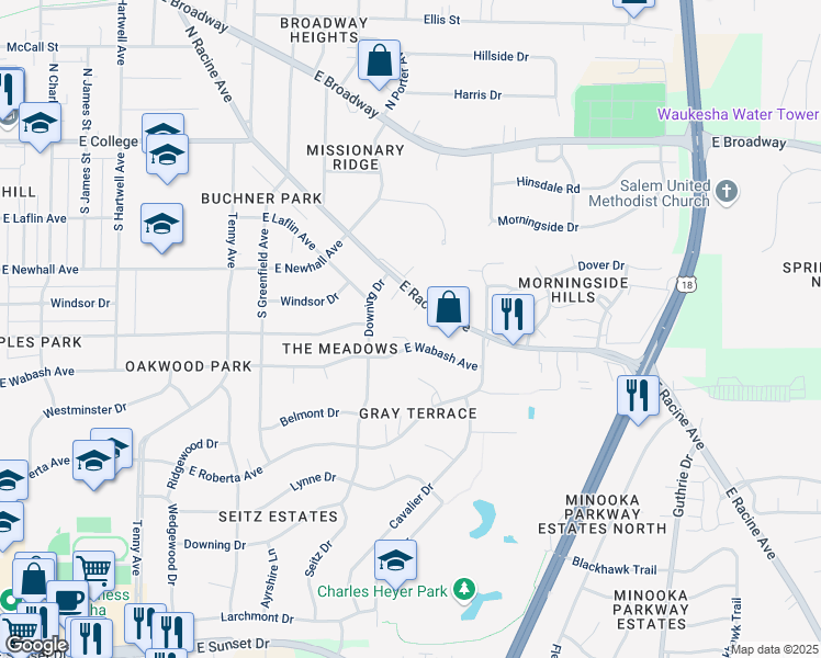 map of restaurants, bars, coffee shops, grocery stores, and more near 1308 East Wabash Avenue in Waukesha