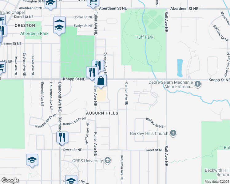 map of restaurants, bars, coffee shops, grocery stores, and more near 1910 Benjamin Avenue Northeast in Grand Rapids