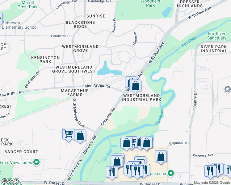 map of restaurants, bars, coffee shops, grocery stores, and more near 2005 Mac Arthur Road in Waukesha