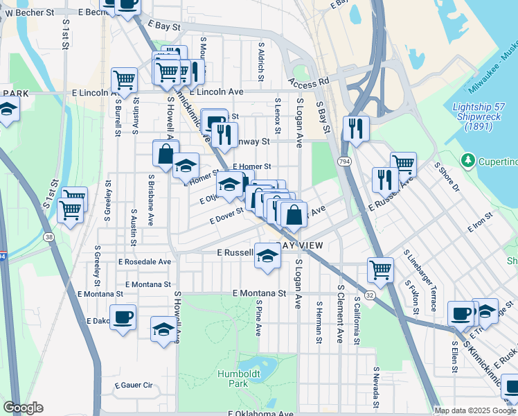 map of restaurants, bars, coffee shops, grocery stores, and more near 2576 South Williams Street in Milwaukee