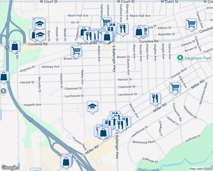 map of restaurants, bars, coffee shops, grocery stores, and more near 3702 Clairmont Street in Flint