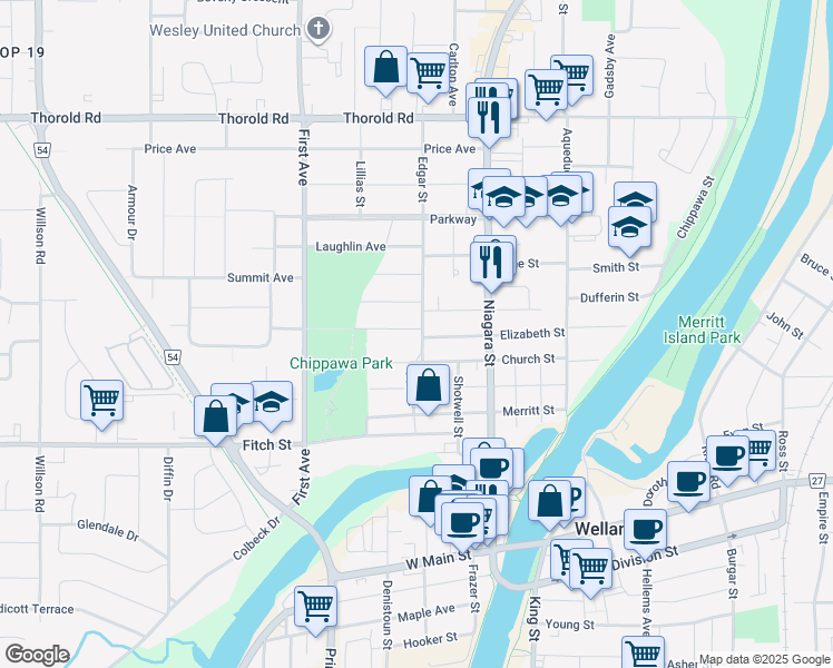 map of restaurants, bars, coffee shops, grocery stores, and more near 19 Edgar Street in Welland