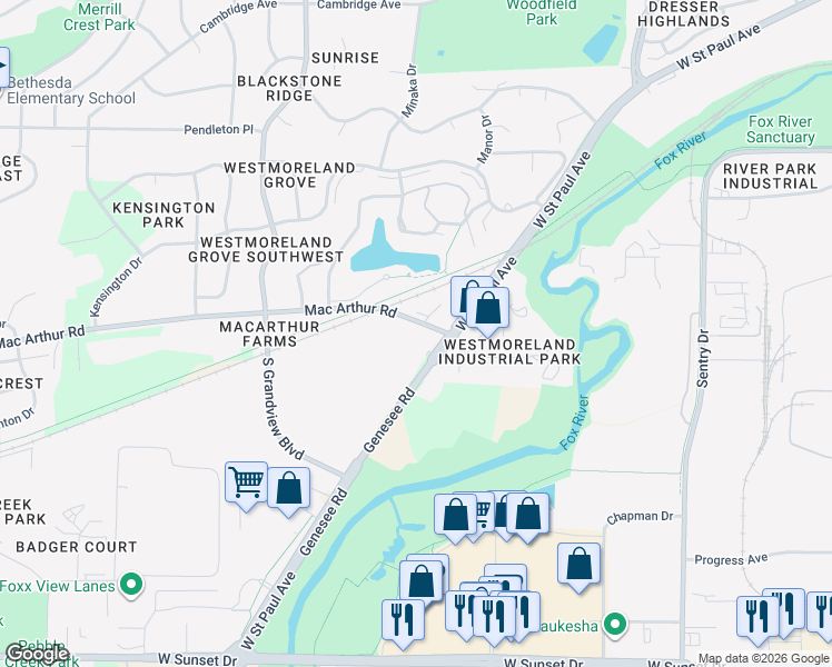 map of restaurants, bars, coffee shops, grocery stores, and more near 2005 Mac Arthur Road in Waukesha