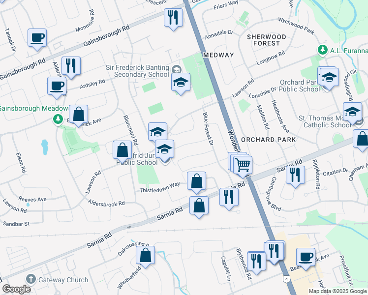 map of restaurants, bars, coffee shops, grocery stores, and more near 35 Denlaw Road in London