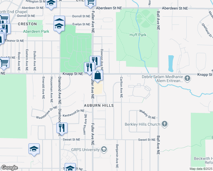 map of restaurants, bars, coffee shops, grocery stores, and more near 1924 Dawson Avenue Northeast in Grand Rapids