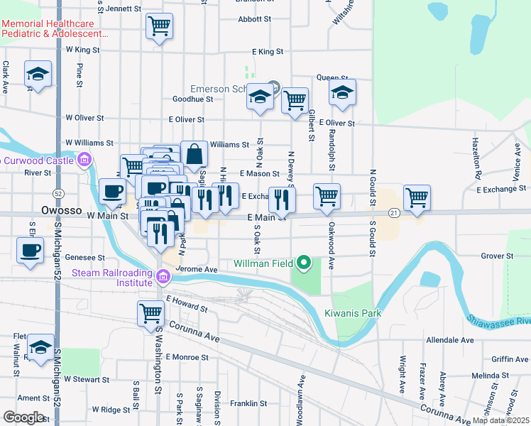map of restaurants, bars, coffee shops, grocery stores, and more near 509 East Main Street in Owosso